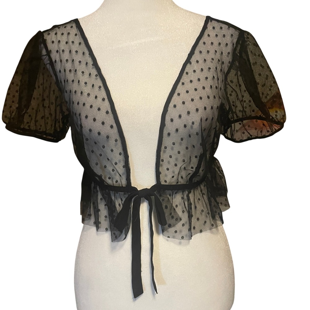 Womens Y2K Whimsigoth Sheer Mesh Polka Dot Tie Front Crop Top Coquette Small
